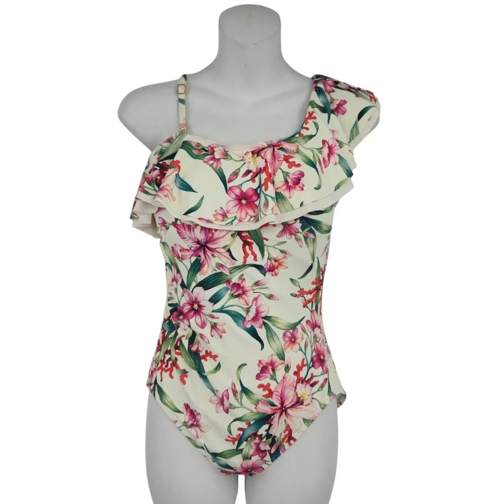Carmen Marc Valvo One Piece Swimsuit Women 10 Floral Ruffle Asymmetric Tropical